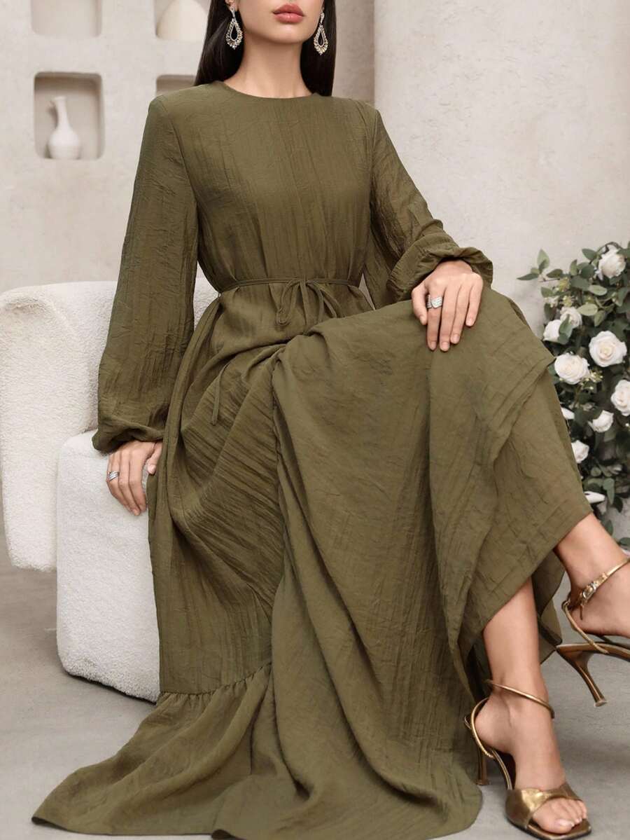 Veilorie 浪漫度假荷叶边连衣裙 女式橄榄绿连衣裙 女式端庄连衣裙 女式长裙 长袖休闲连衣裙 休闲长裙 - 綠色 - 查看 1