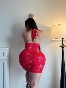 Vibekara 大码深V领收腰连衣裙 - 紅色 - 查看 3