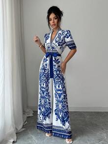 Elenzga 女士优雅腰带阔腿连体裤，印花图案，适合夏季日常穿着 - 藍色 - 查看 3