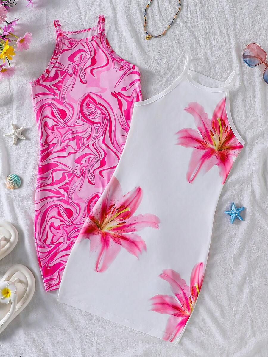 SHEIN Girls' (Large) Spring/Summer Casual Basic Versatile Vacation Everyday Home Dress Striped Wavy Pattern Halter Neck Fitted Short Knit Dress, Two Pieces Set - Pink - View 1