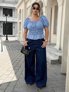 SHEIN ICON Plus Size Solid Color Square Neck Ruched Bust Short Sleeve Denim Blouse - Light Wash - View 3