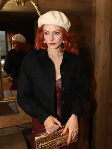 Gretanique 秋冬款落肩翻盖纽扣前襟大衣 - 黑色 - 查看 6