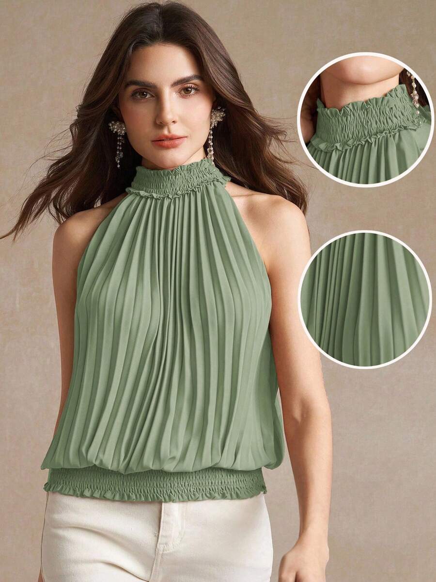 Amorya Blusa elegante sin mangas de unicolor y plisada, para verano - verde menta - Ver 1
