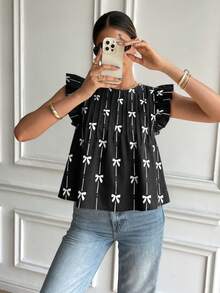 SHEIN Frenchy Áo babydoll nữ dễ thương, kiểu dáng thường ngày/đi làm, họa tiết bướm và sọc, tay bồng, thích hợp cho mùa hè. - màu đen - Xem 4