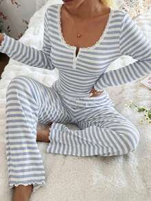 ZzzCrew Lace Trim Square Collar 2-Button Striped Print Long Sleeve Pajama Set