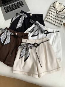 SHEIN ChicEase Women's Elegant Summer Shorts In All Shades Of Brown,City Break Mid-Rise Wide-Leg A-Line Paper Bag Shorts With Woven Rope Belt And Scarf Decoration - Apricot - View 1