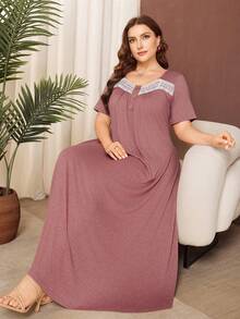 Lacomfia Plus Size Solid Color Short Sleeve Knit Casual Ruffle Hem Dress - Dusty Pink - View 6