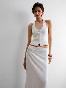 ATUI Studio Bộ áo vest cổ yếm tối giản và chân váy maxi thường ngày - trắng - Xem 4