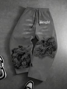 ROMWE MEN Street Life Spring Casual Graphic Men'S Casual Angel Print Drawstring Waist Pants - Grey - View 5