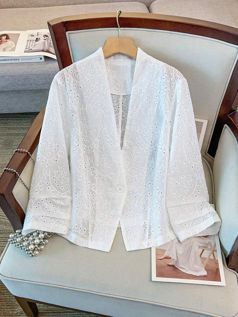 GlowEve CURVE Plus Size Women Lightweight Short Blazer Jacket With Embroidery Design - White - View 1