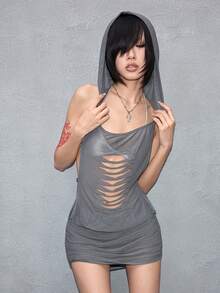 ROMWE J-Fashion Spring/Summer Women's Sexy Y3K See-Through Plunging Neck Hooded Super Mini Dress - Dark Grey - View 5