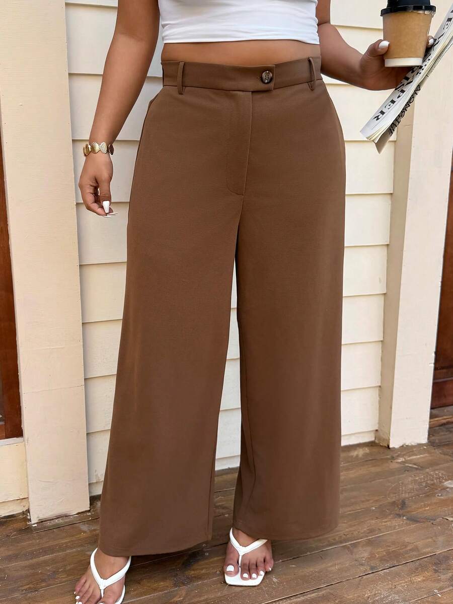 SHEIN EZwear Pantalones casuales rectos y holgados de cintura alta de unicolor para mujer de talla grande - Marrón - Ver 1
