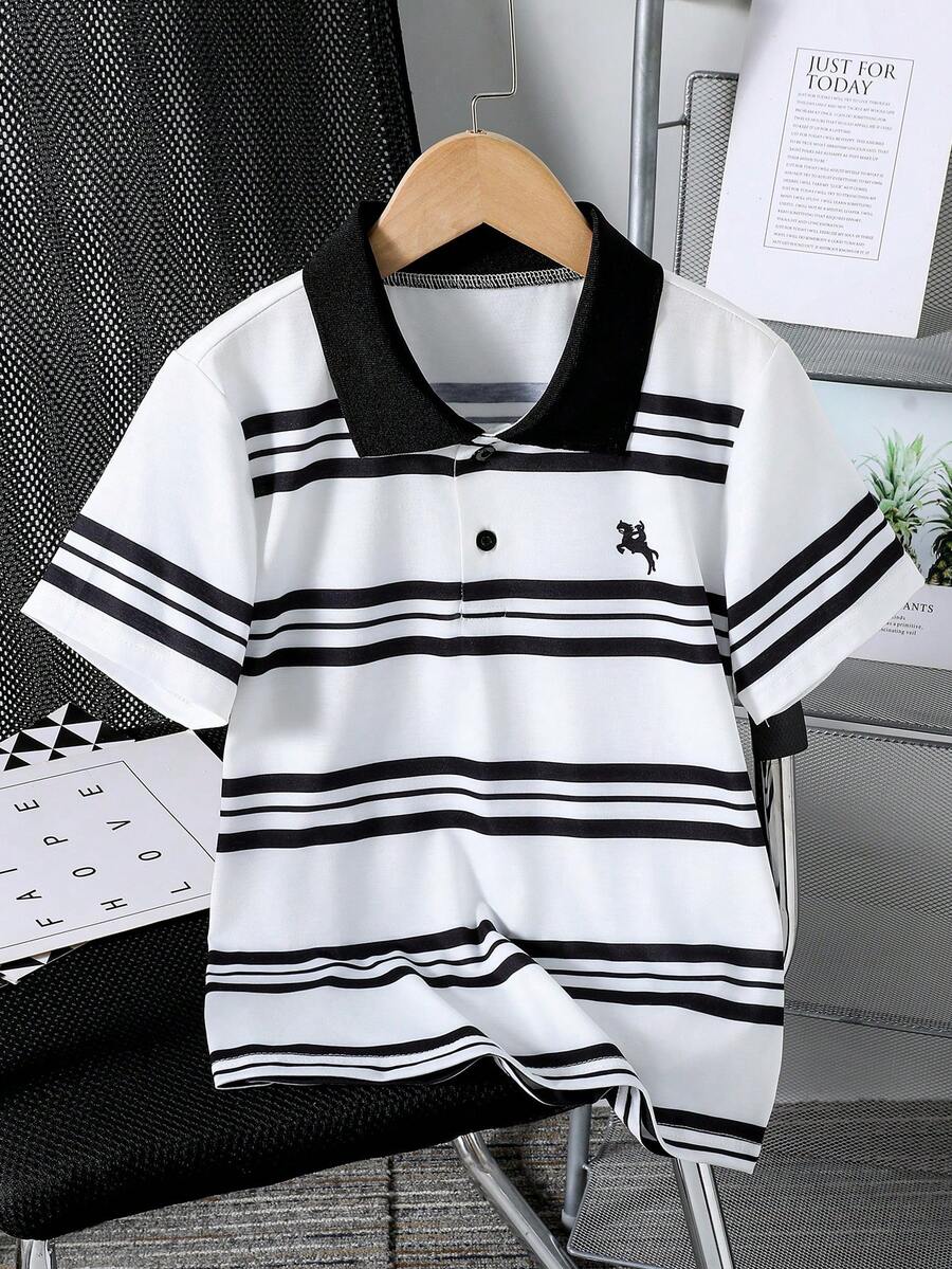 SHEIN 男童条纹印花休闲短袖Polo衫 - 黑與白 - 查看 1