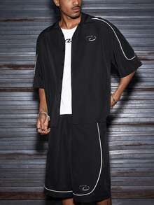 AXEPEAK 男士撞色滚边衬衫和短裤套装 - 黑色 - 查看 5