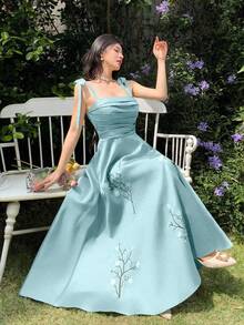 Feyla 女士优雅花卉刺绣褶皱连衣裙，夏季 - 水藍色 - 查看 2