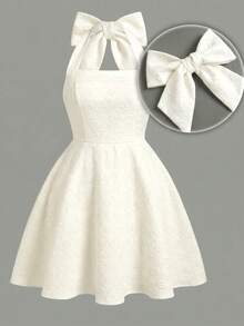 Girlism 少女白色提花露背蝴蝶结优雅连衣裙