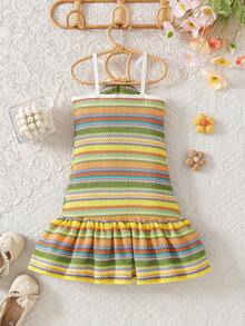 SHEIN Elladie kids Đầm hai dây hở lưng kẻ sọc cầu vồng ngọt ngào, thời trang cho bé gái, trang phục đi nghỉ hè. - Màu Mù tạt vàng - Xem 2