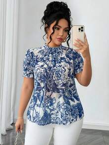 SHEIN LUNE Plus Size Women Striped Floral Ruffle Collar Shirt - Blue - View 1