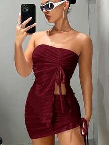 SHEIN x Marika Sila SHEIN ICON Drawstring Front Tube Top & Bodycon Skirt Two Pieces - Red Violet - View 6