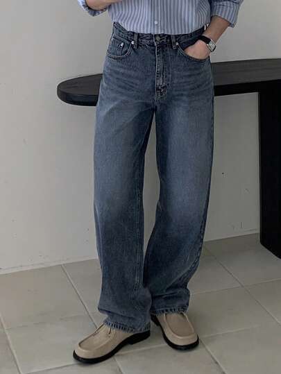 DAZY Men's Washed Vintage Blue Denim Jeans, Suitable For Spring And Autumn