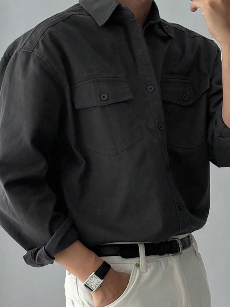 Men's Solid Dark Grey Commuter Shirt, Spring Long Sleeve Tops