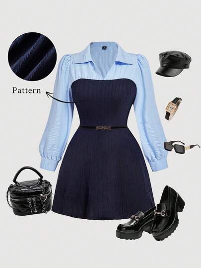 SHEIN MOD Plus Size 2 In 1 Striped Patchwork Mini Dress Spring Outfit Women Blue Dress Casual Dresses For Women Elegant Commuter Dress Collared Dress Long Sleeve Blue Dress Puffy Sleeve Dress Preppy Dress French Style Dress French Style Clothes Dress Clothes Dress Blue