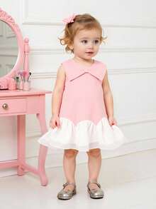 SHEIN Baby Girls' Cute Butterfly Collar Matching White Chiffon Hem Pink Dress, Suitable For Everyday Cute & Elegant Outfit - Multicolor - View 10