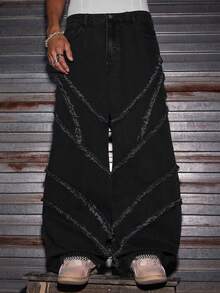 AXEPEAK 男士水洗拼接宽松休闲裤，时尚长裤 - 黑色 - 查看 5