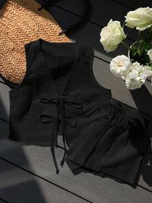 Comfortcana 大码女式系带背心和短裤休闲两件套 - 黑色 - 查看 7