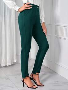 EMERY ROSE Slant Pocket Asymmetrical Hem Tailor Pants In Fall/Winter - Dark Green - View 3