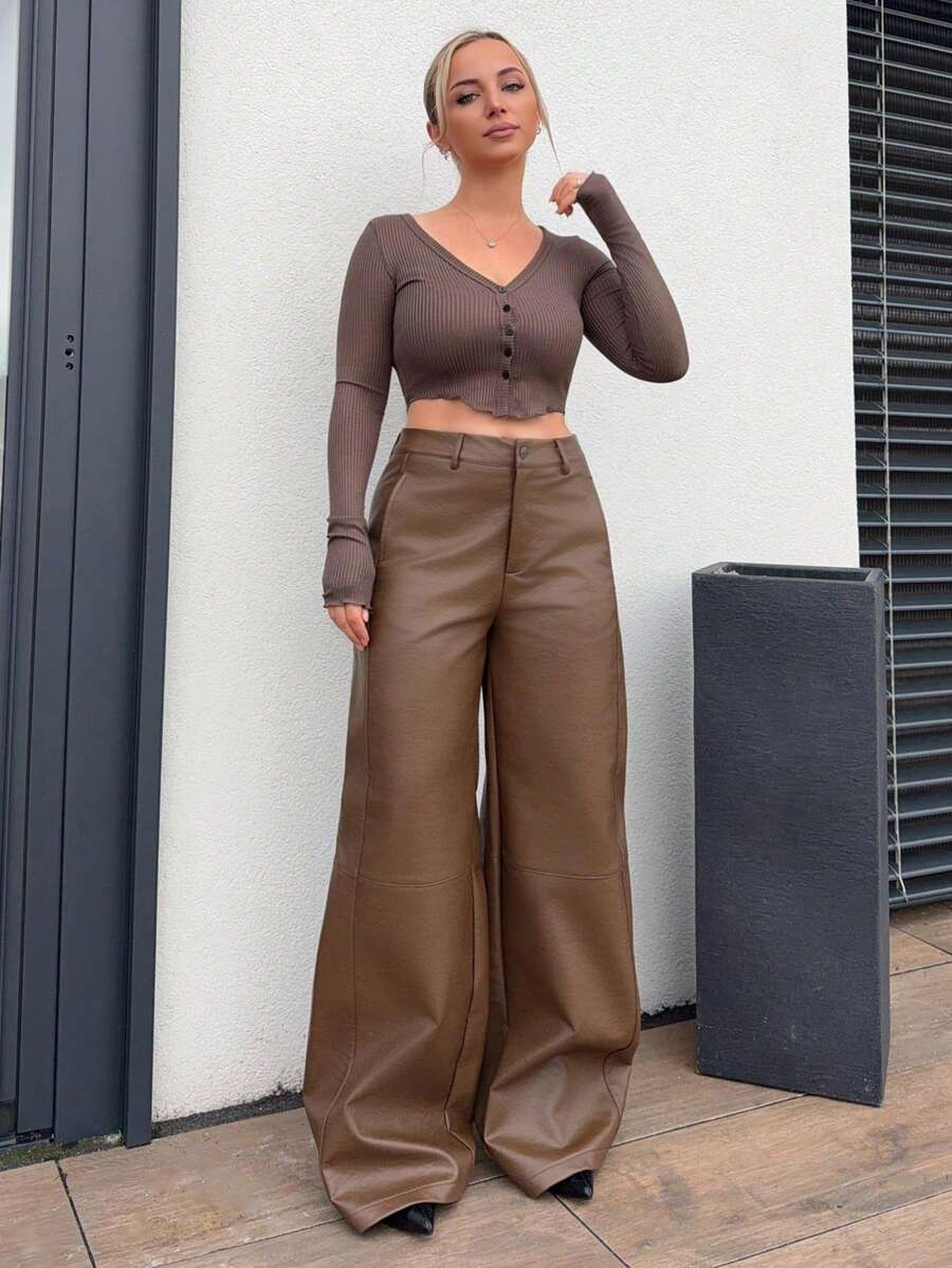 Jeta Ari Faux Leather Wide Leg Mid Waist Trousers Sexy Going Out Autumn Fall Night Out Winter Cute Streetwear - Brown - View 1