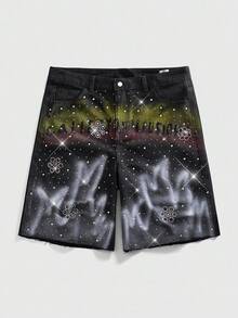 ROMWE MEN Men's Casual Letter Graphic Rhinestone Embellished Denim Shorts, Summer - Black - View 1