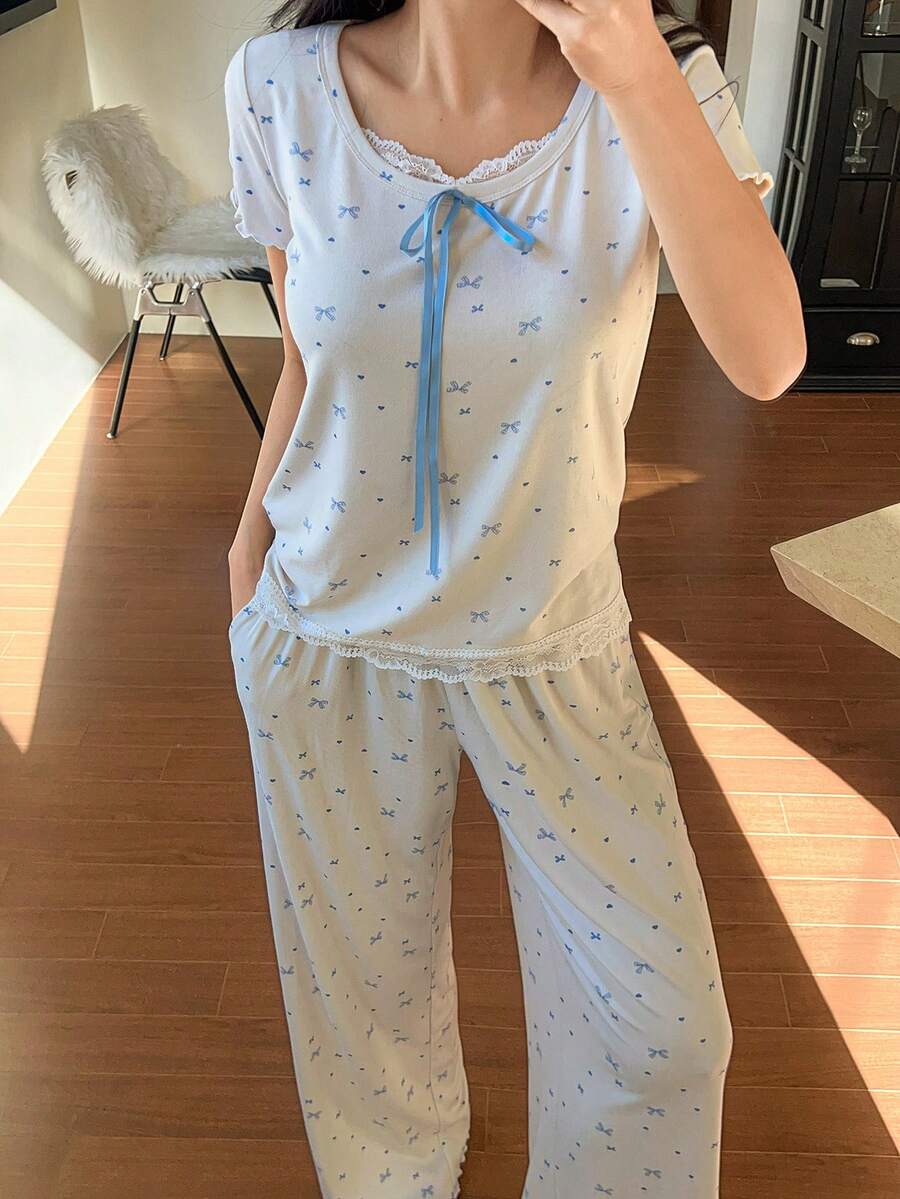 DAZY Sweet Bow Polka Dot & Floral Lace Patchwork Women Pajama Set - Beige - View 1