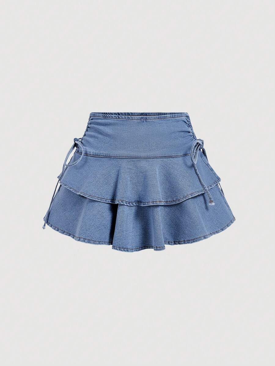 SHEIN MOD Women's Denim Skirt With Drawstring Waist And Layered Ruffle Hem, Fashionable - Blue - View 1