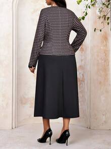 Fleurora Spring And Summer Autumn And Winter Elegant Commuting Office Work Colorful Knitted Flared Long Sleeve Plus Size Co-Ords Winter Clothes Winter Clothes For Women Spring Outfit Women Spring Clothing Elegant Women's Set Elegant Women's Sets Plus Size Women Houndstooth Long Sleeve Cardigan And Round Neck Sleeveless Dress Elegant 2 Pieces Set, Autumn Brown Dress - Multicolor - View 2