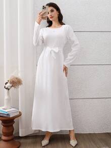 Graceveil Women's Modest White Long Sleeve Round Neck Plain Flared Long Tunic Dress With Cut Out Details - White - View 5