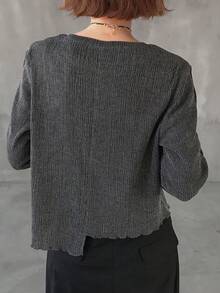 FRIFUL Damska luźna koszulka typu T-shirt z okrągłym dekoltem i falbaną, w jednolitym kolorze, z długim rękawem i swobodnym krojem - Biały - Zobacz 6