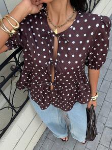 Siren Gaze 女士圆领短袖衬衫，斑马纹系带泡泡袖衬衫，夏季女士可爱荷叶边V领修身泡泡袖上衣，休闲日常穿着，春夏动物纹印花休闲衬衫，短袖 - 咖啡棕 - 查看 5