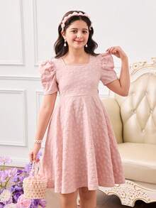 SHEIN Elladie kids Robe à manches courtes unie en jacquard rose pour fille, style doux et frais, manches bouffantes, nœud papillon, à la mode et rétro, élégante et princesse - Rose bonbon - Voir 5