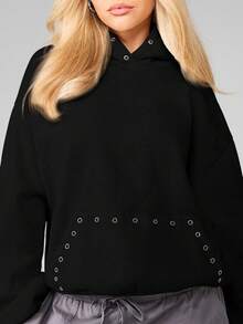 MISSGUIDED Hooded Sweatshirt With Eyelet Grommets Detail Casual Pullover Loose Fit Long Sleeve Winter Fall Layering Essential - Black - View 5