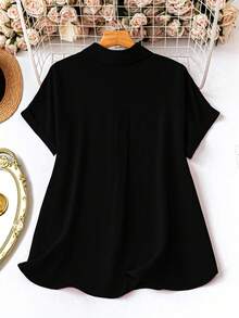 SHEIN LUNE 大码女式纯红色休闲短袖衬衫上衣，夏季衬衫，女士度假休闲衬衫 - 黑色 - 查看 2