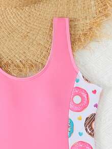 SHEIN 少女甜甜圈印花连体泳衣配短裤两件套 - 粉色 - 查看 5