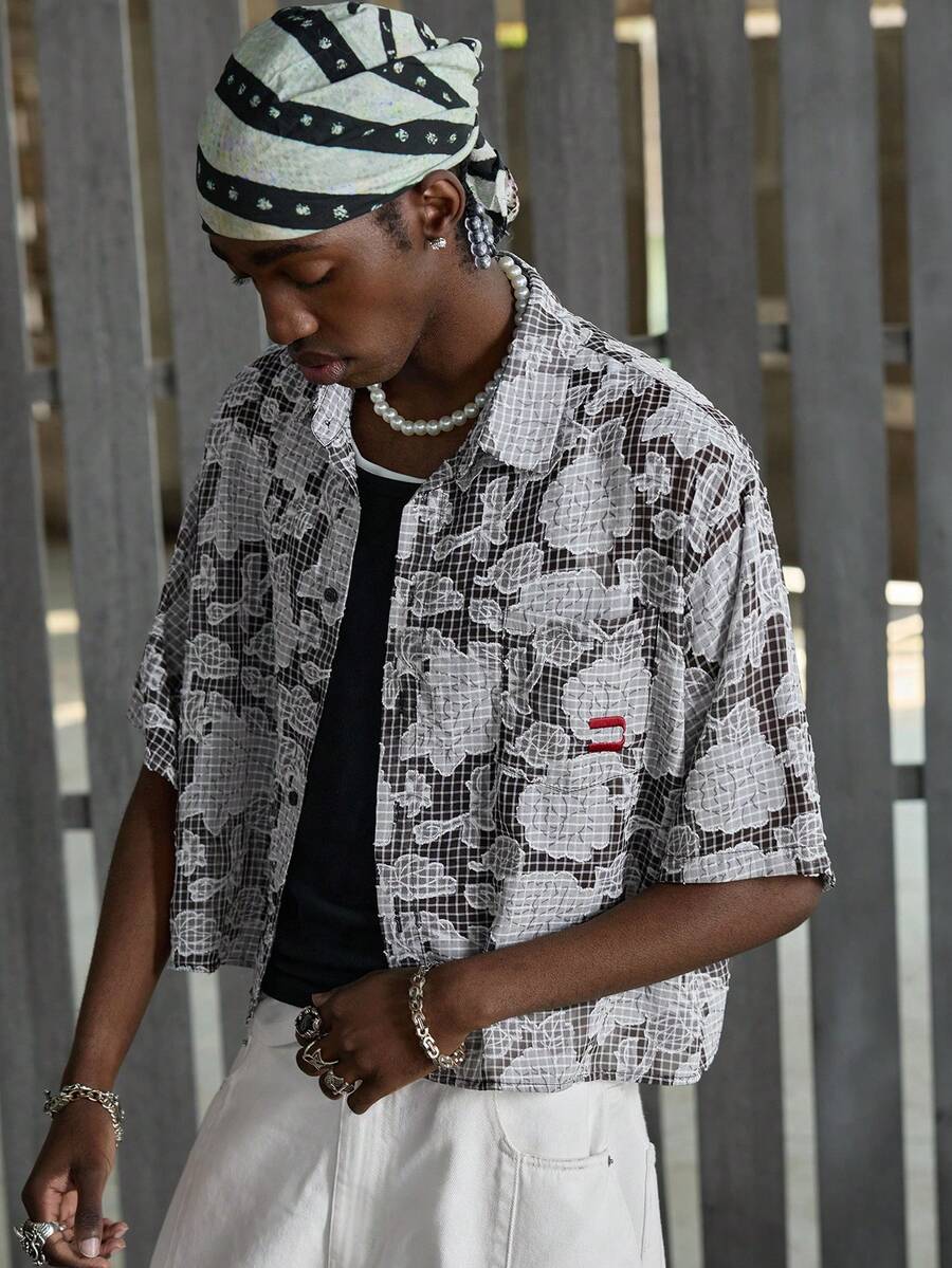 NEON BLANC Camisa Casual Masculina de Estampa Floral Xadrez, Caimento Solto e Ombros Caídos, Estilo de Férias de Verão - Preto - Visão 1