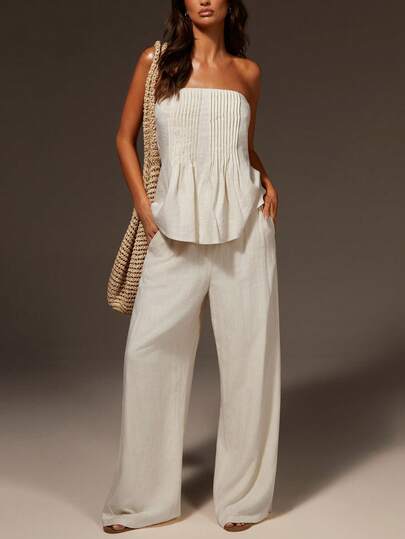 Athîral 两件套女士夏季休闲纯色抹胸上衣和裤子套装