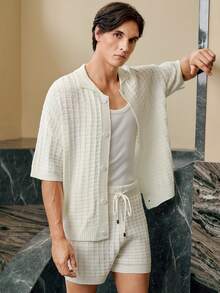 Manfinity Homme Men's Solid Color Short Sleeve Single-Breasted Knit Top And Drawstring Waist Knit Shorts Casual Suit - White - View 5