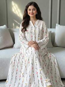 SHEIN Teen Girls White Polyester Long Sleeve Tunic Dress With Ruffle Details And Notched Neckline Vacation Style Floral Print - White - View 1