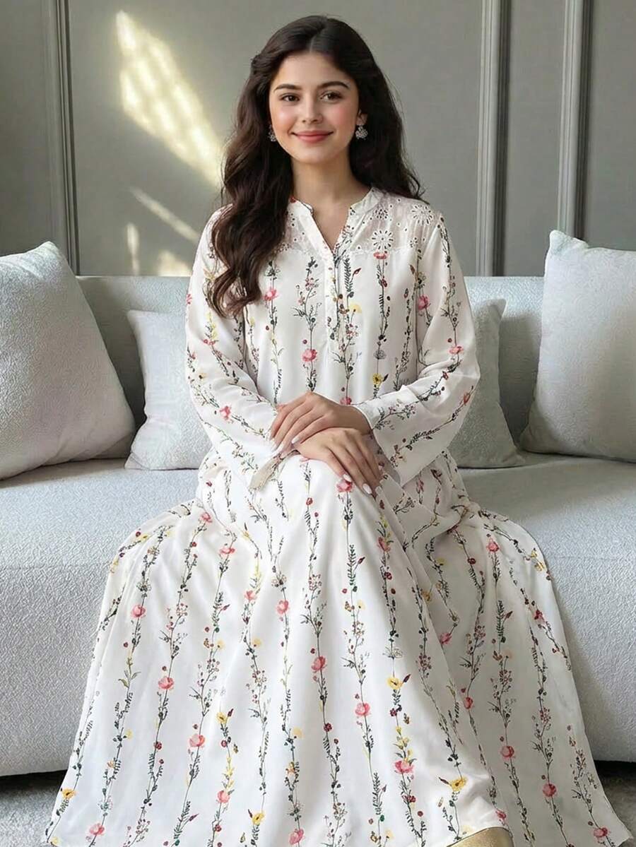 SHEIN Teen Girls White Polyester Long Sleeve Tunic Dress With Ruffle Details And Notched Neckline Vacation Style Floral Print - White - View 1