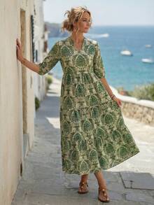 Faunlyn Women's Casual V-Neck Half Sleeve Patchwork Mid-Calf Dress, Spring/Summer - Multicolor - View 5