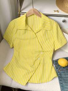Comfortcana Women's Yellow Striped Print Asymmetric Hem Button Short Sleeve Shirt, Spring/Summer - Yellow - View 3