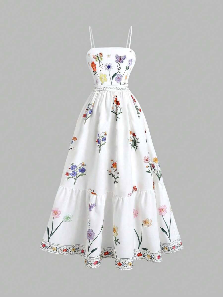 Tween-Mädchen Elegant Trägerkleid mit A-Linie und Blume Muster, geeignet für den Urlaub - Verschiedenfarbig - Übersicht 1